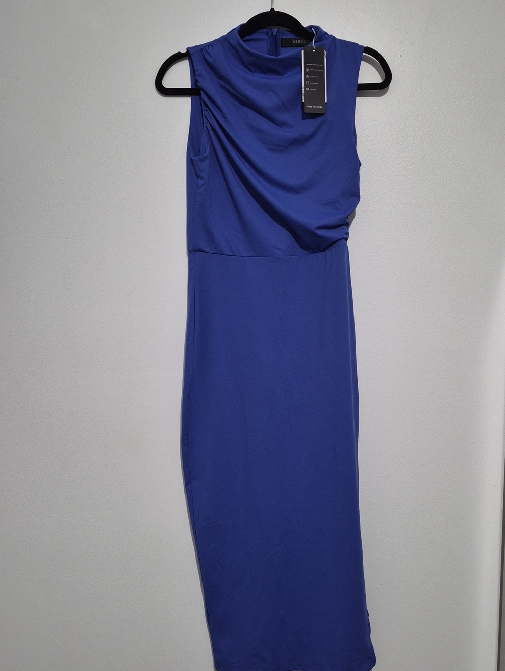 Sleeveless Royal Blue Midi Dress with Draped Bodice